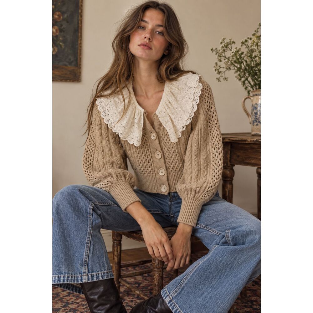 SEA New York Tan Collared Merino Wool Cardigan Sweater Top  Women's Size Small